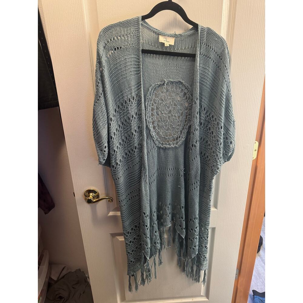 Boho Crochet Knit Fringe Cardigan Kimono Duster Blue Gray Open Front Sweater